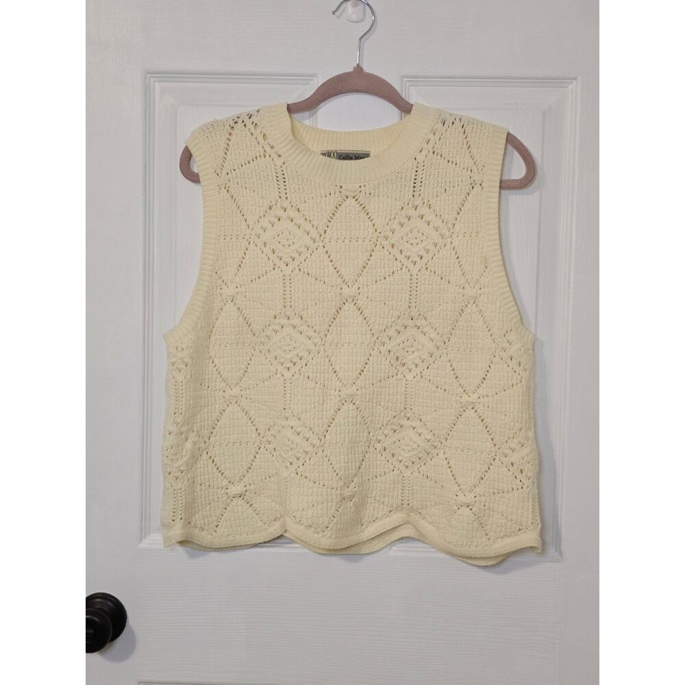 Callie Mac Cream Crochet Diamond Knit Tank Top Scalloped Hem Large